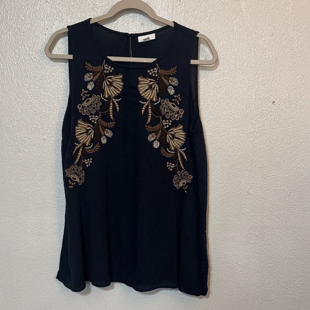J. Jill Navy Blue Boho Floral Embroidered Gauzy Sleeveless Tank Top Tunic Blouse